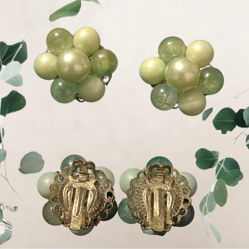 Vintage  Green and Gold Japan Cluster Earrings